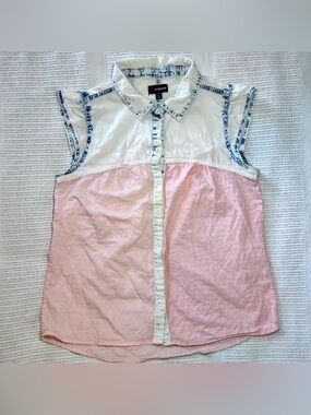 Vintage Jordache Sleeveless Button Down Acid Wash Denim & Pink Girls XL